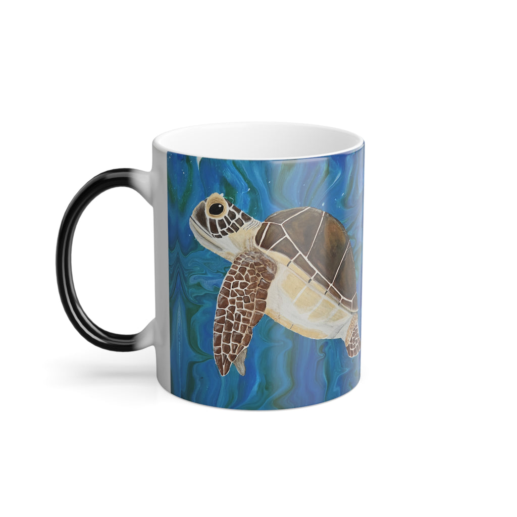 Mug with a turtle design on a blue underwater background