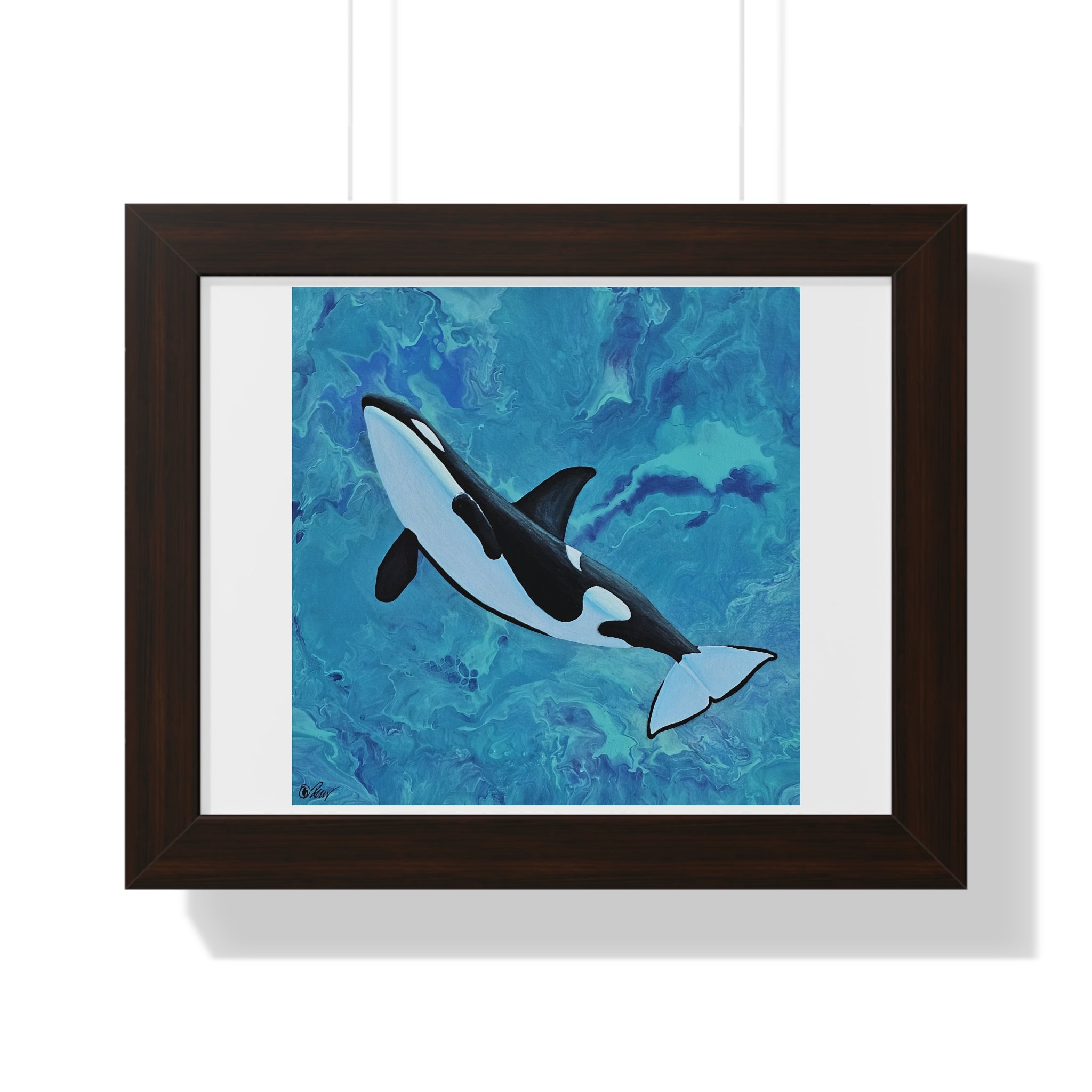Framed artwork of an orca whale on a blue abstract background