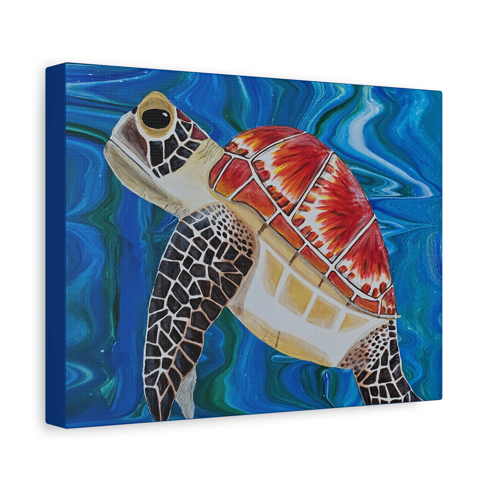 Canvas print of a colorful turtle on a blue abstract background