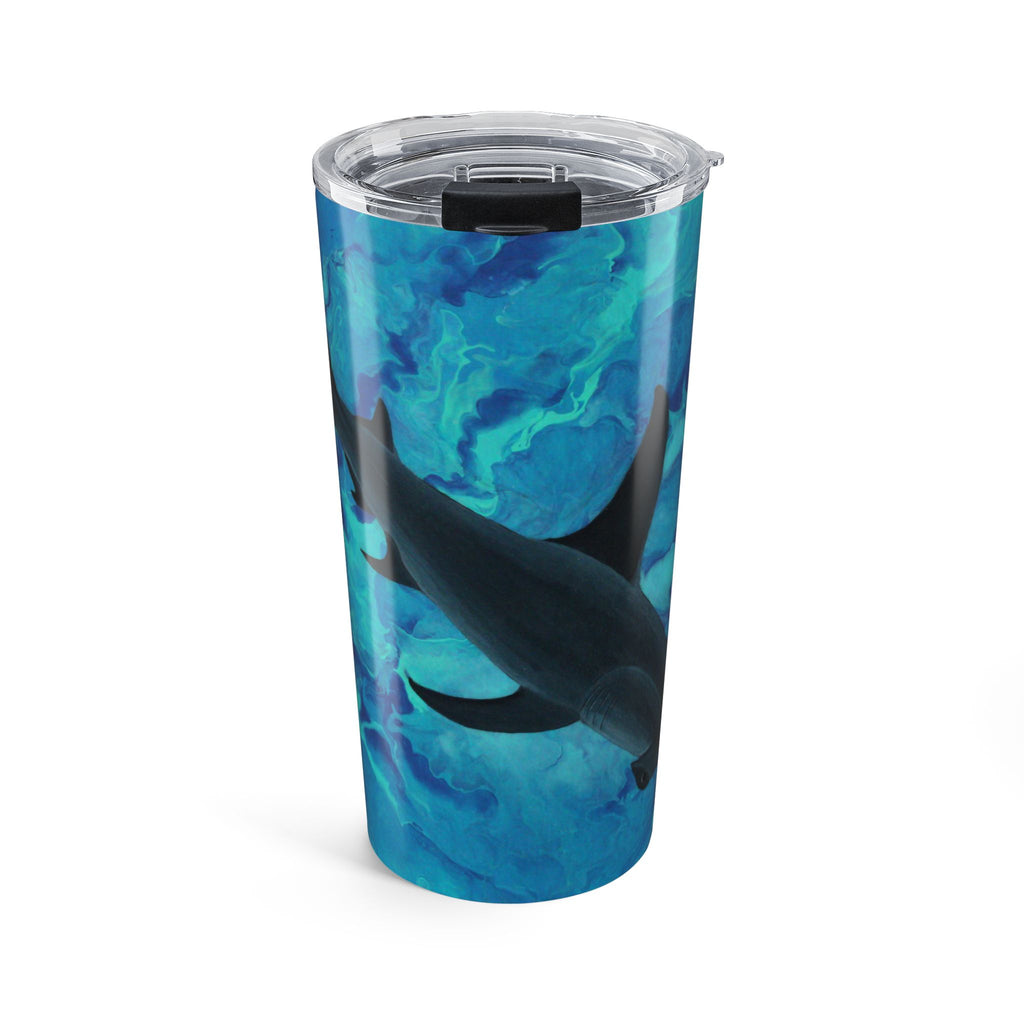 Tumbler with blue and black shark abstract design on a white background