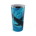 Tumbler with blue and black shark abstract design on a white background