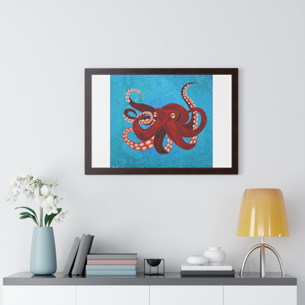 Framed artwork of a red octopus on a blue background above a shelf with decorative items.