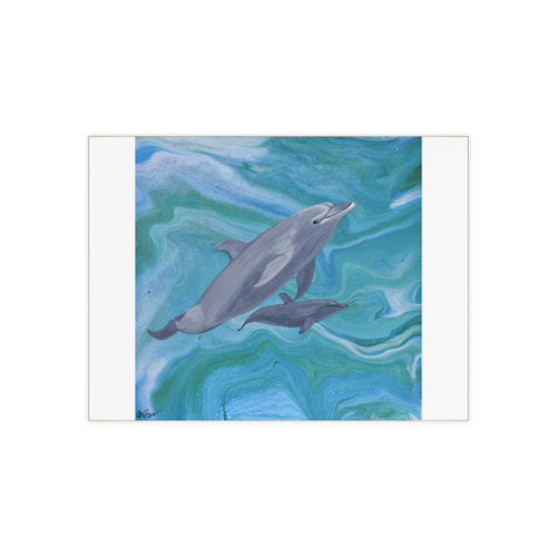 Artistic depiction of dolphins on a blue and green abstract background Tile
