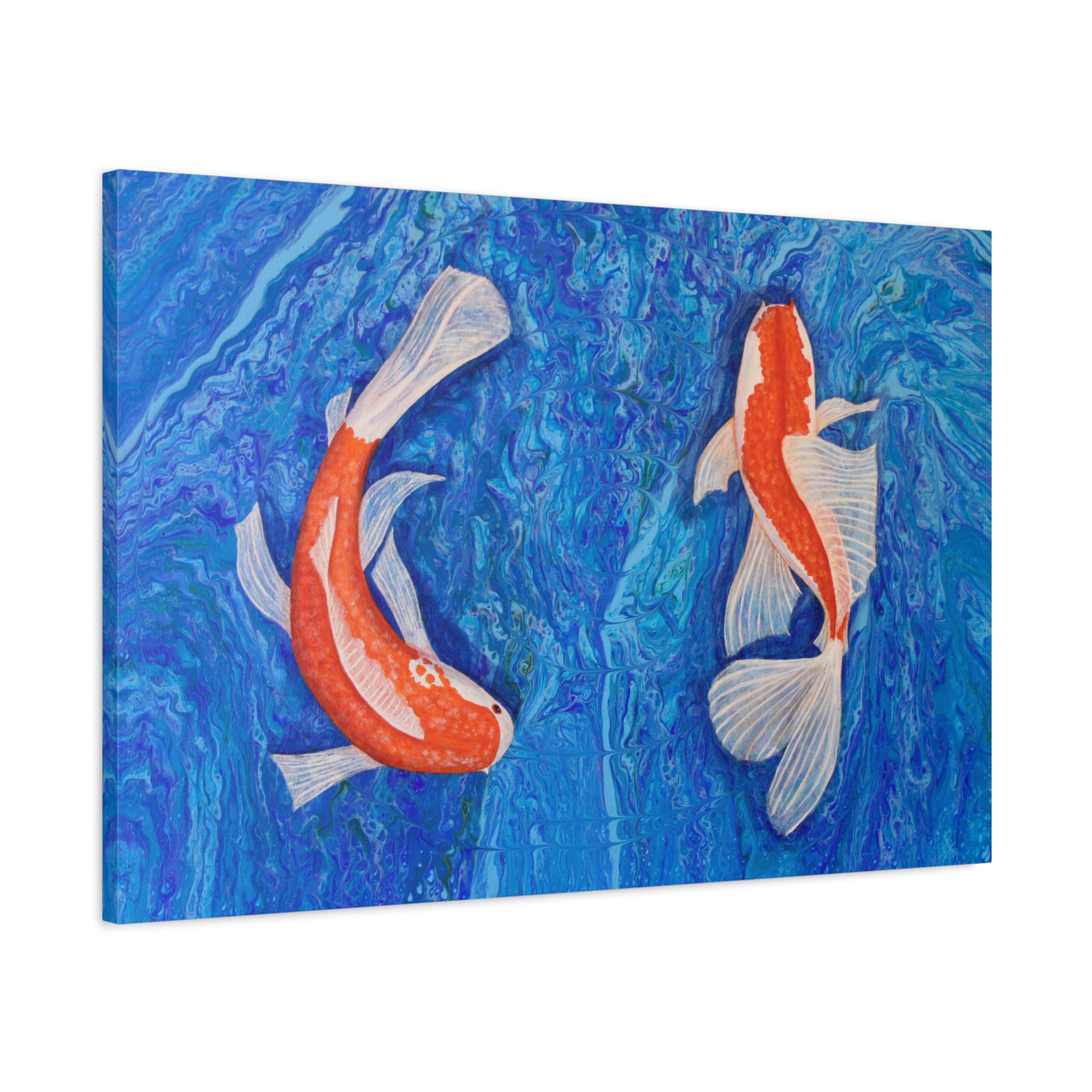 Canvas print with two stylized koi fish on a blue abstract background