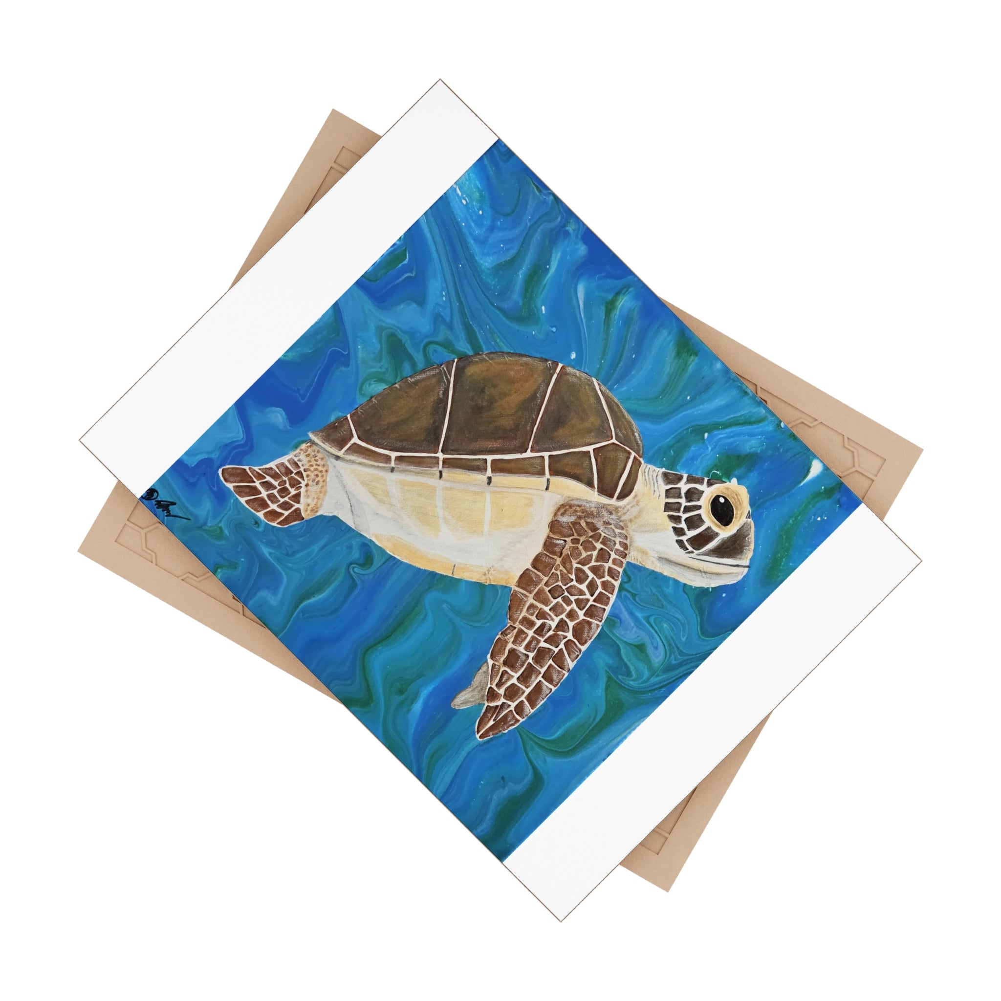 Tile with a turtle illustration on a blue ocean background and beige backing