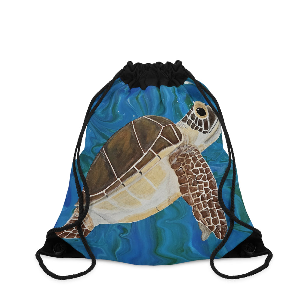 Drawstring bag with a turtle design on a blue background