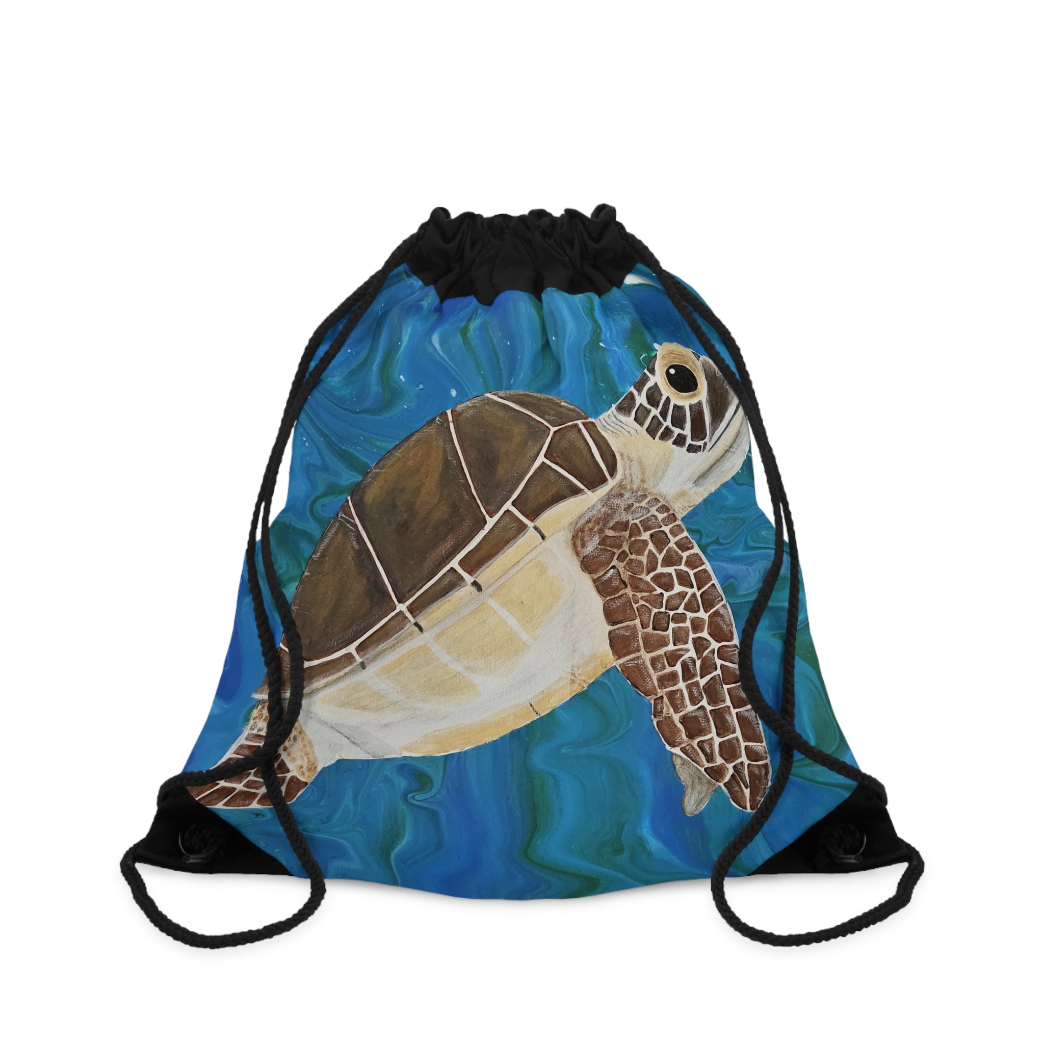 Drawstring bag with a turtle design on a blue background
