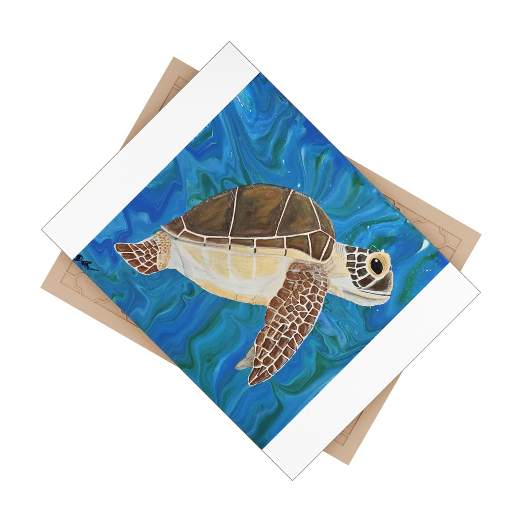 Tile with a turtle illustration on a blue ocean background and beige backing