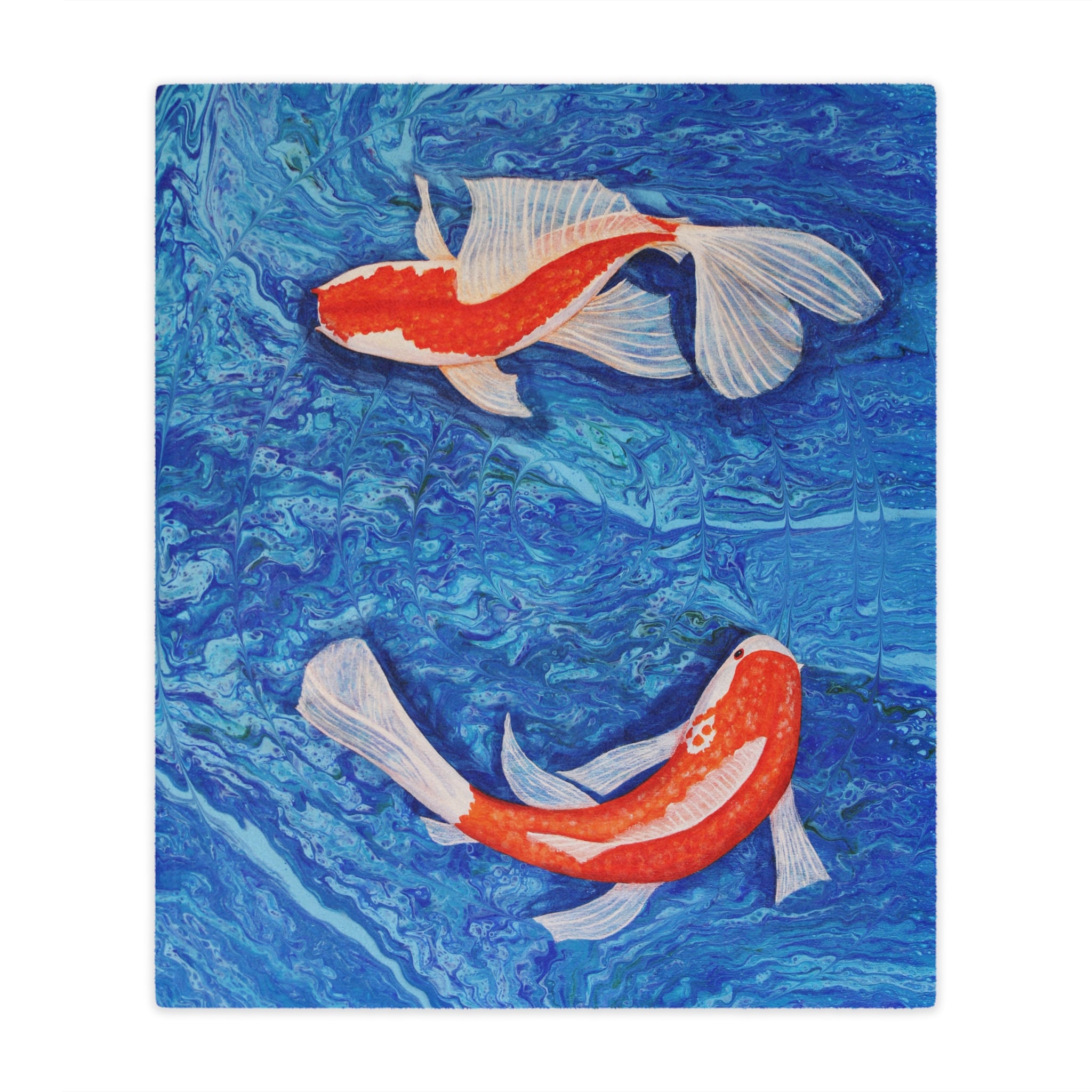 Two goldfish swimming in blue water on a textured blue background blanket