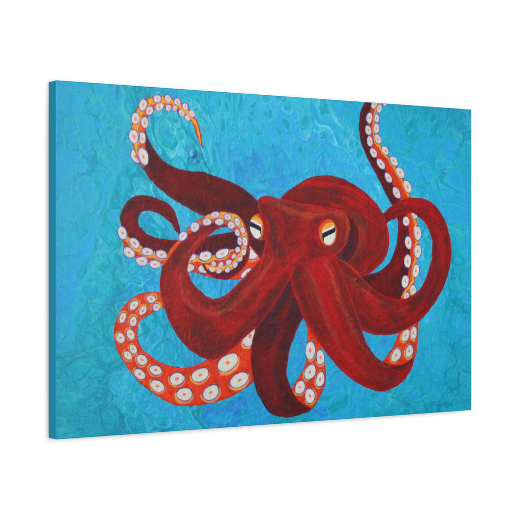 Painting of a red octopus on a blue background