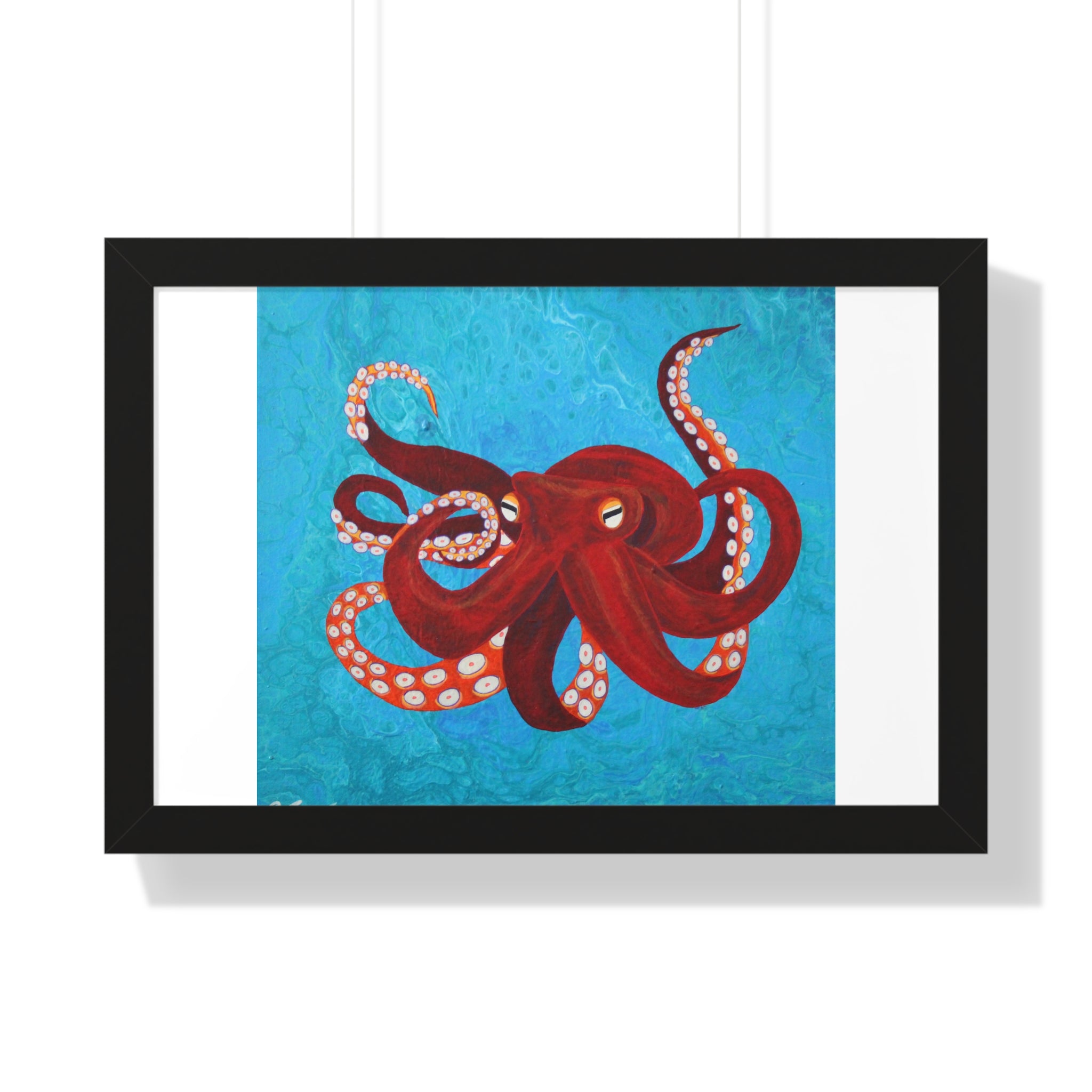 Framed artwork of a red octopus on a blue background