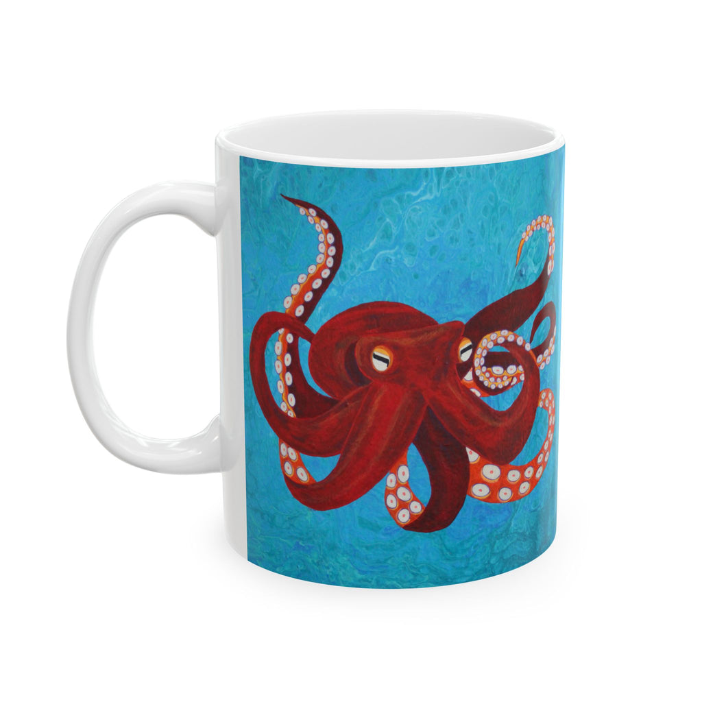 Mug with a red octopus design on a blue background