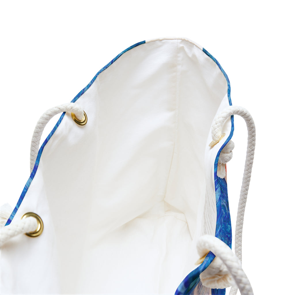 White drawstring bag with blue accents on a white background