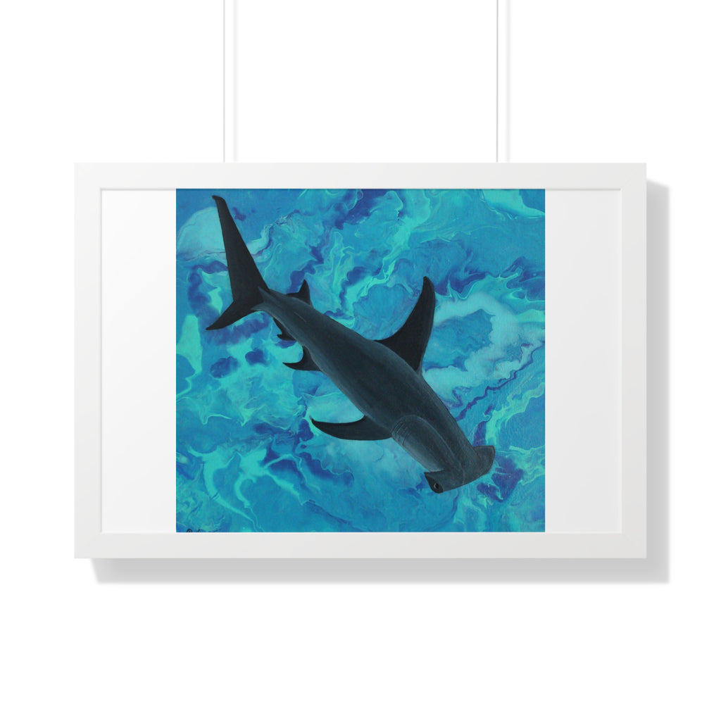 Framed artwork of a shark swimming in blue water on a white background