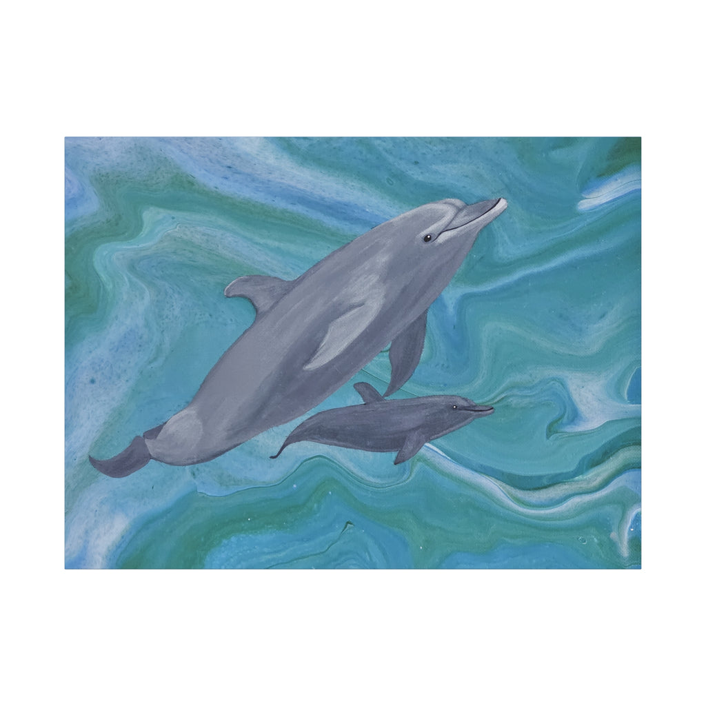 Two dolphins swimming on a blue and green marbled background