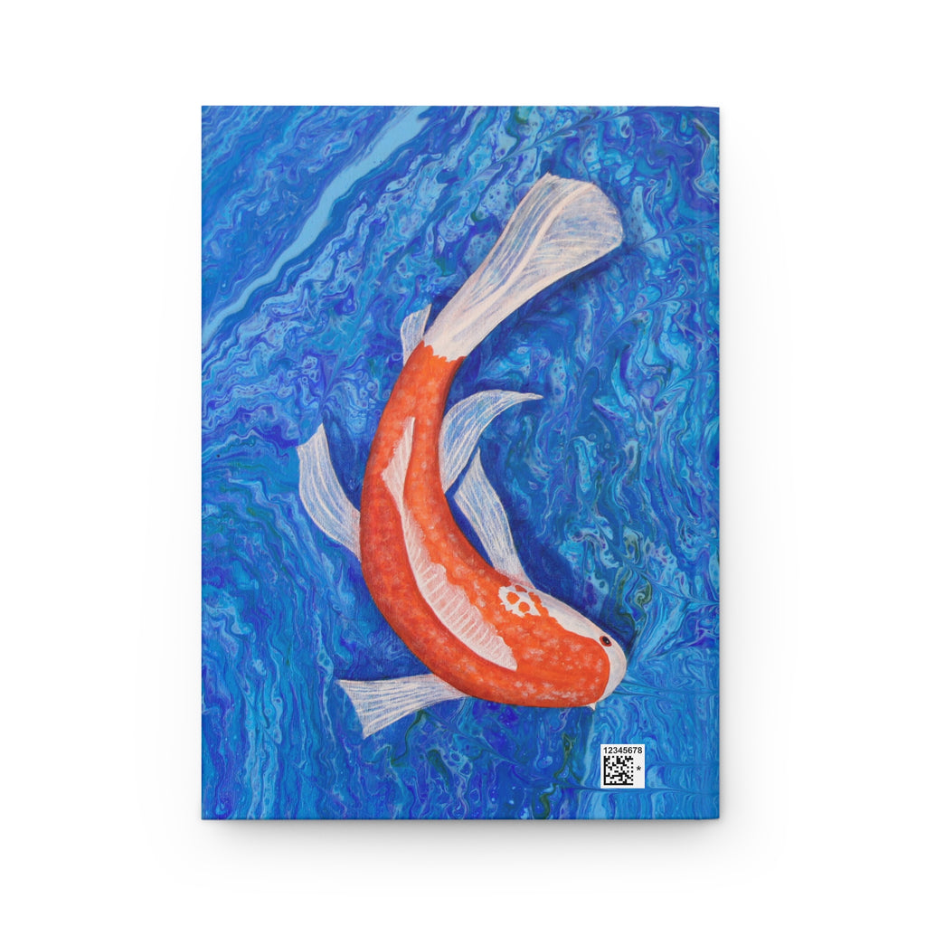 Notebook cover with a design of two koi fish on a blue abstract background