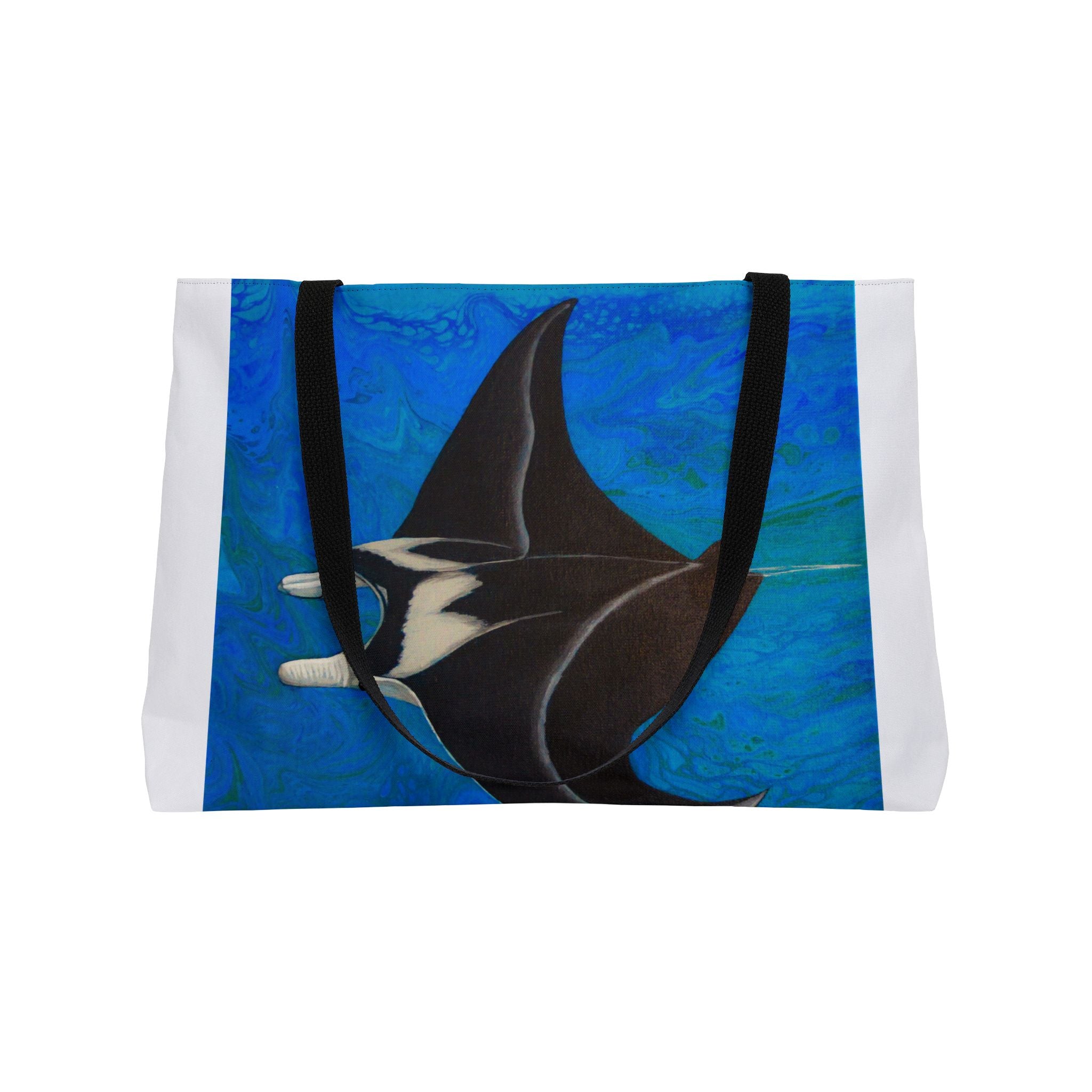 Tote bag with a manta ray design on a blue background