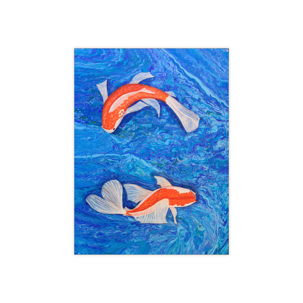 Artistic depiction of two koi fish swimming in blue water tile