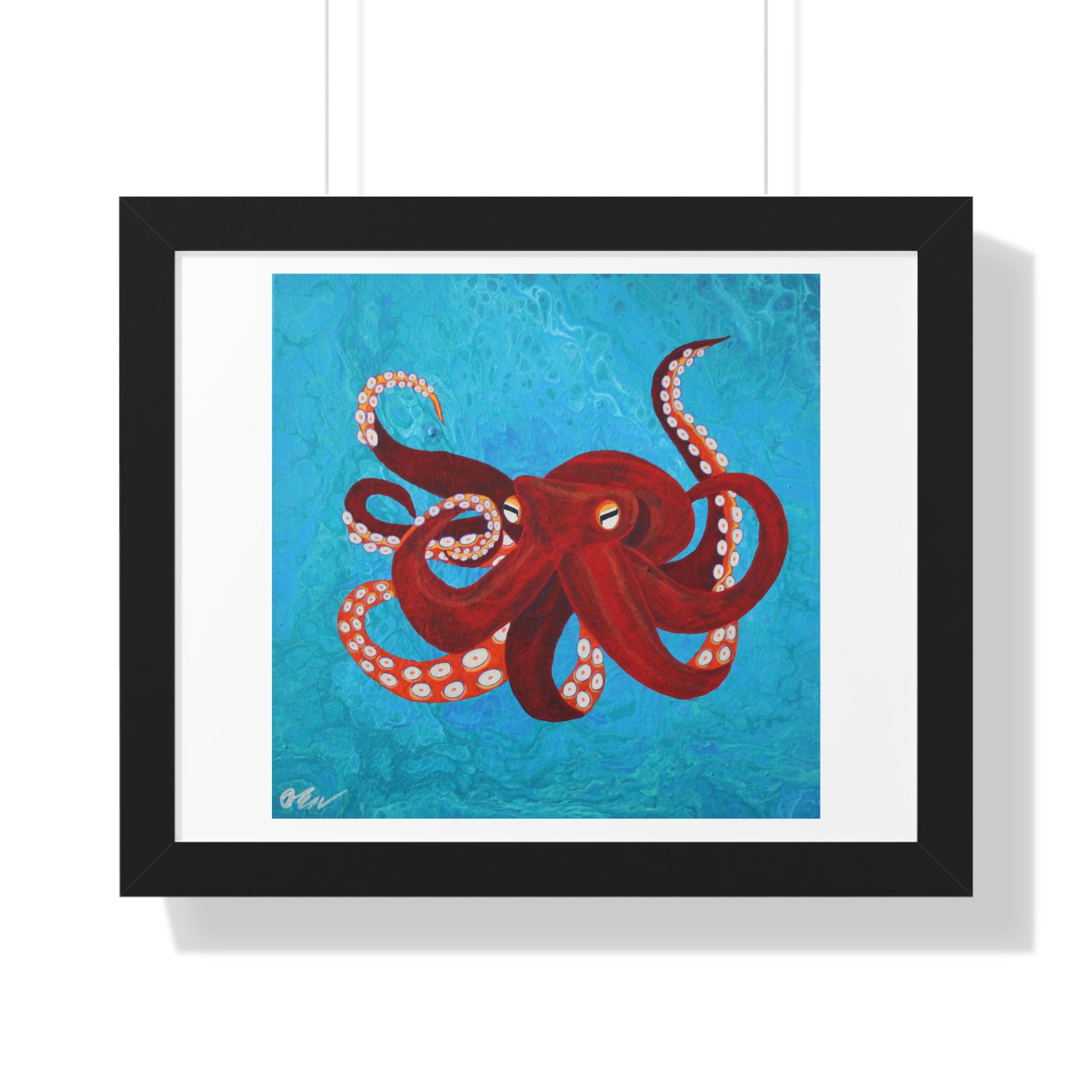 Framed artwork of a red octopus on a blue background