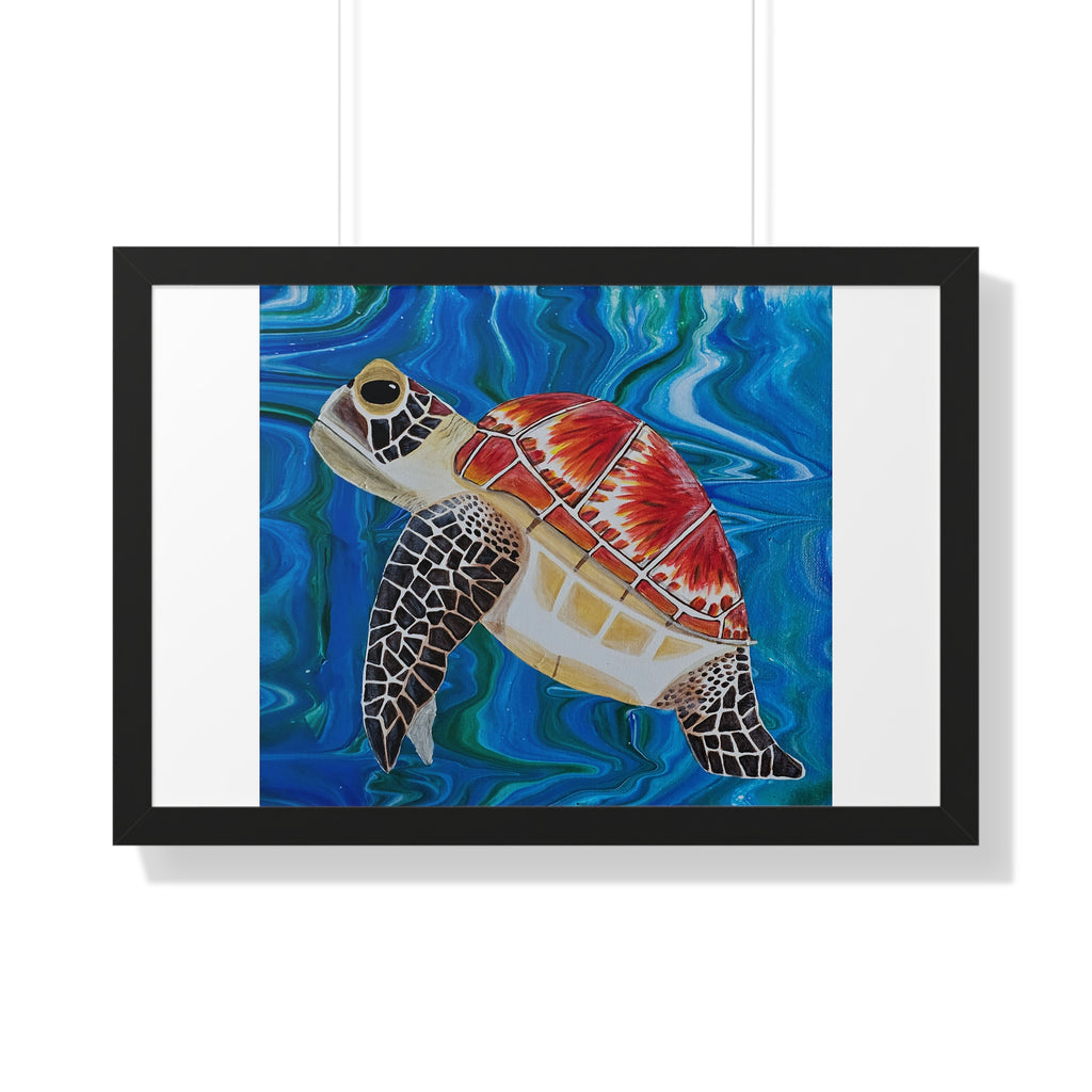 Framed artwork of a colorful turtle on a blue wave background