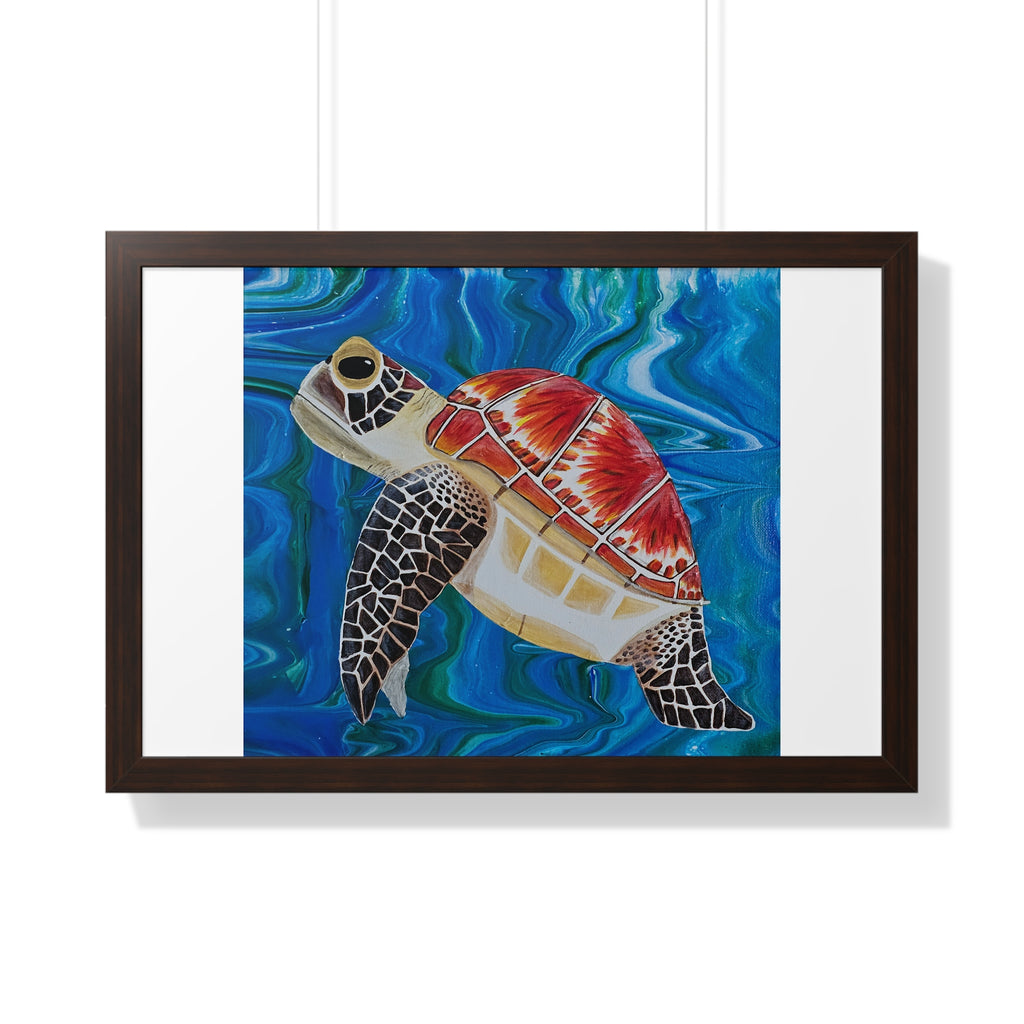Framed artwork of a turtle with a colorful shell on a blue wave background