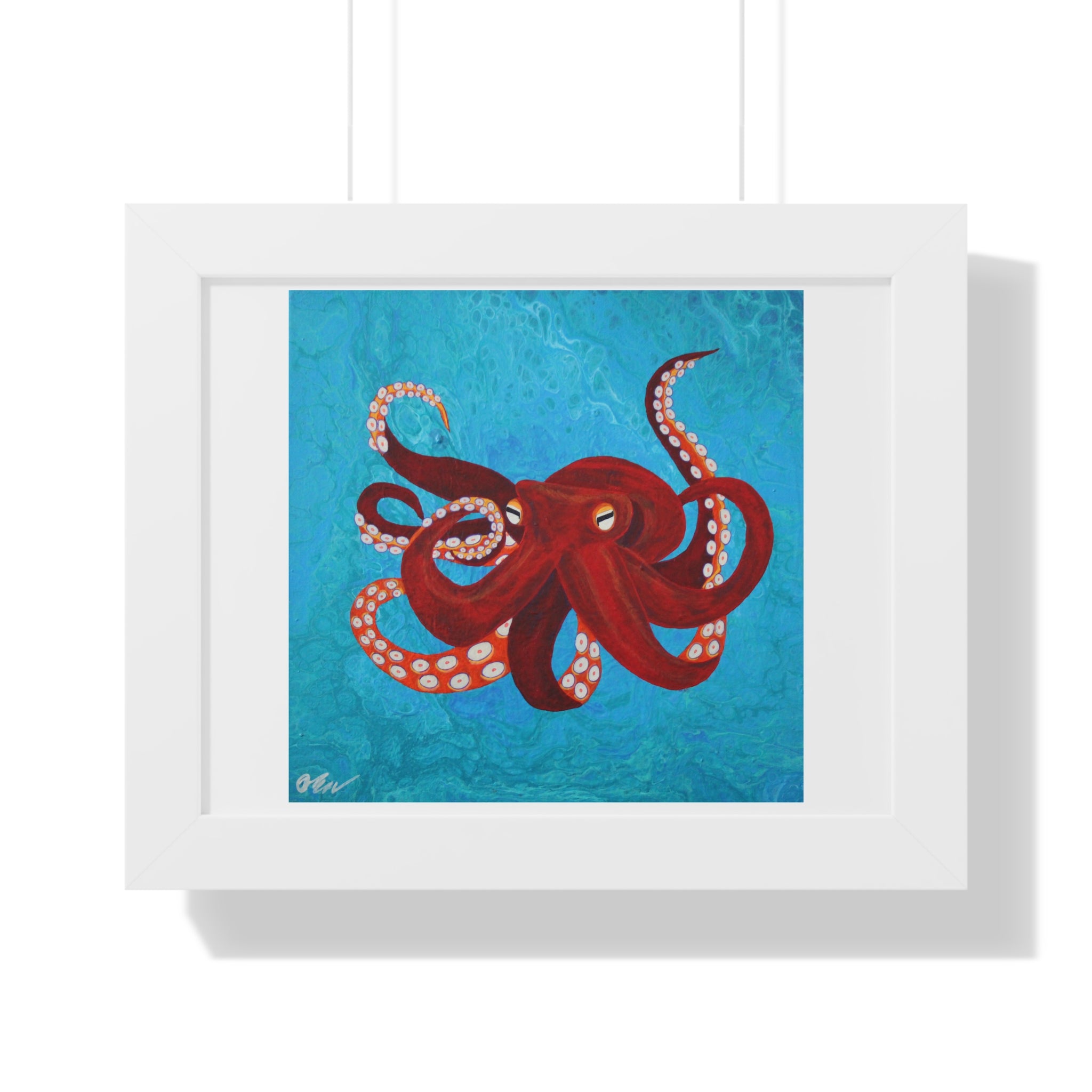 Framed artwork of a red octopus on a blue background