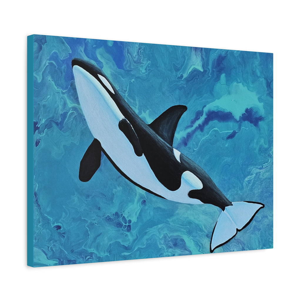 Orca whale painting on a blue abstract background