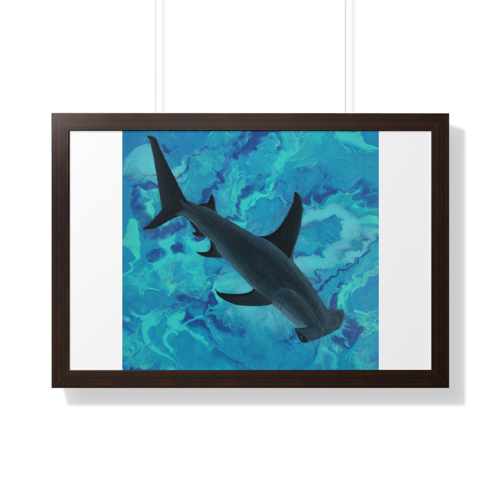 Framed artwork of a shark swimming underwater with a blue and green pattern.
