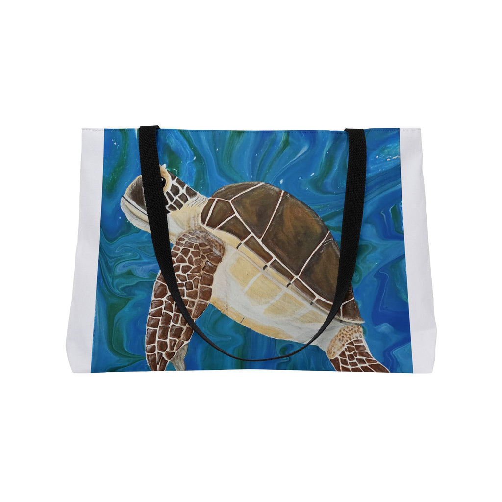 Tote bag with a turtle design on a blue background
