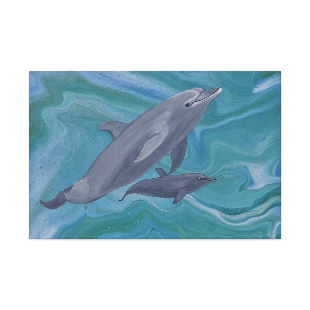 Two dolphins swimming on a blue and green watercolor background