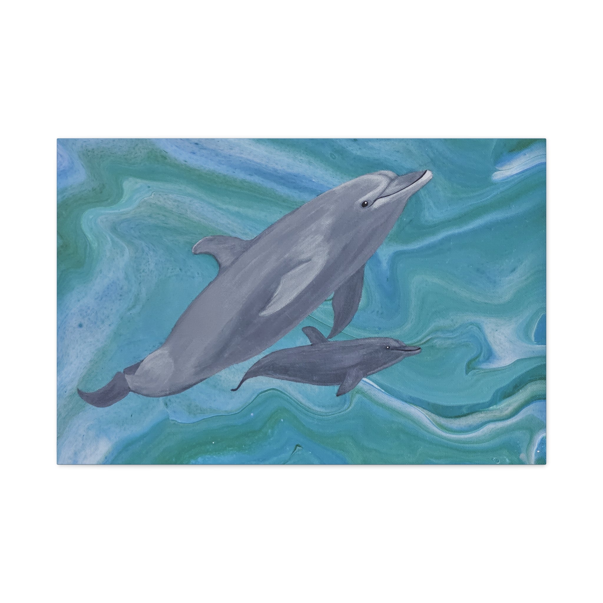 Two dolphins swimming on a blue and green watercolor background