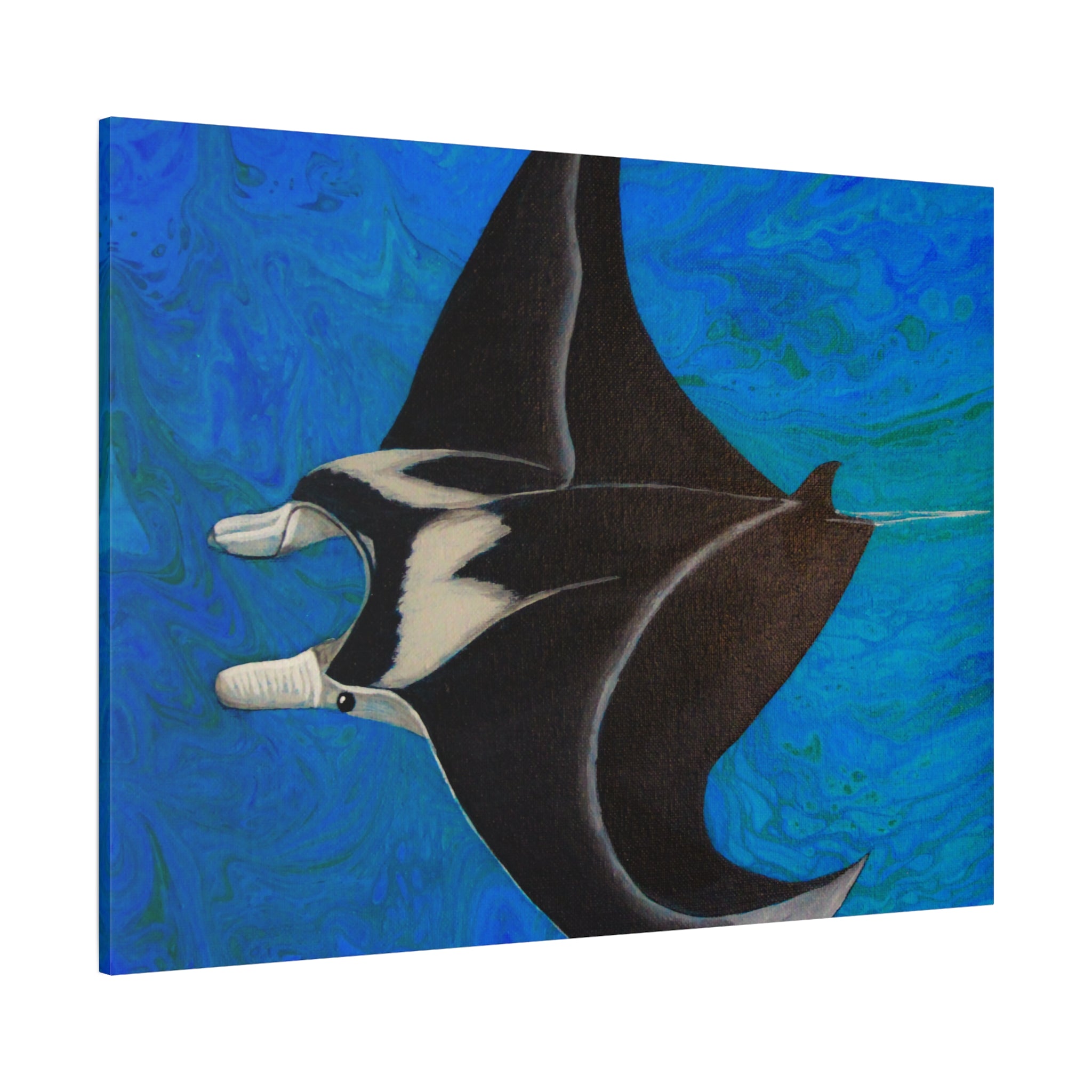 Painting of a manta ray against a blue abstract background