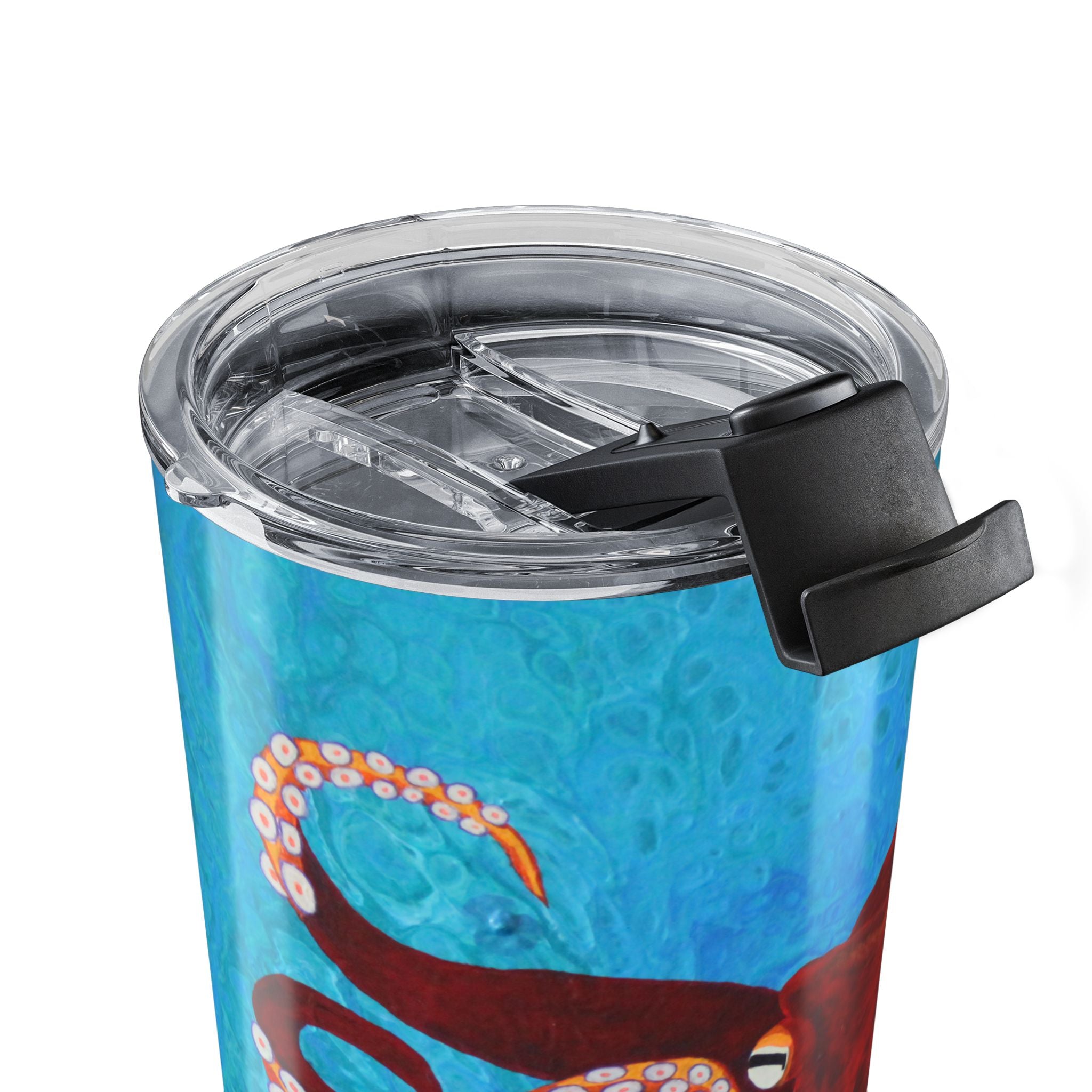 Colorful tumbler with a clear lid and black grip on a white background