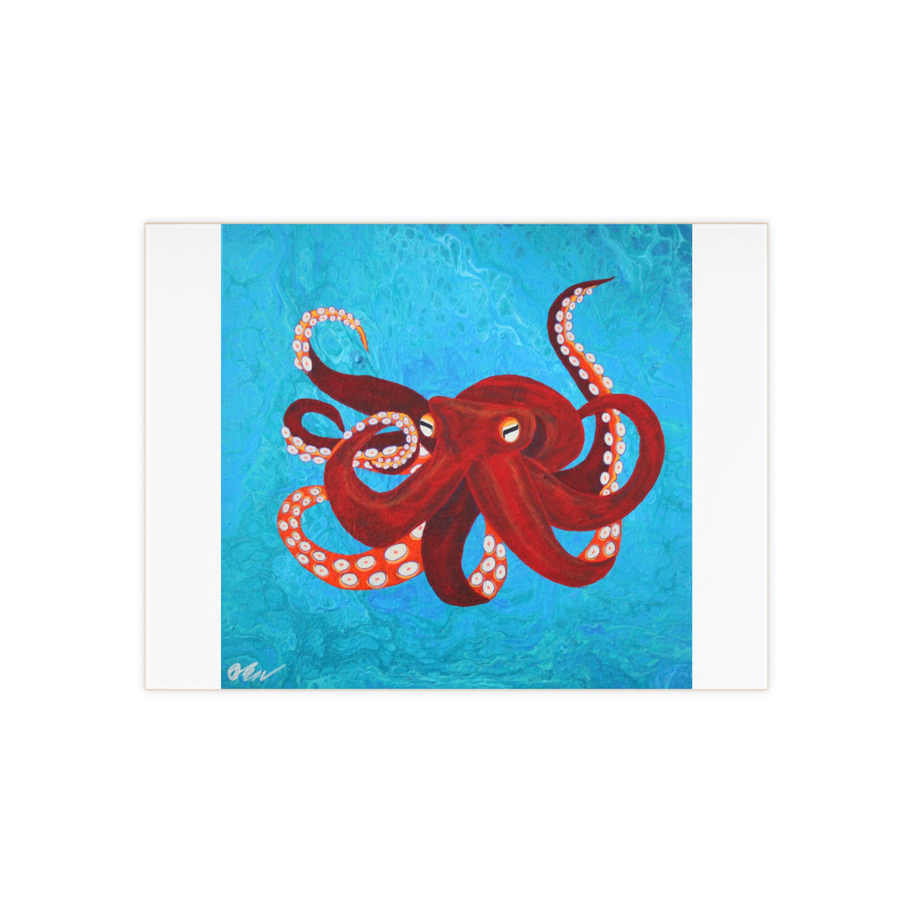 Tile with Red octopus illustration on a blue textured background