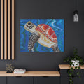 Colorful turtle painting on a dark wall with wooden shelves and plants.