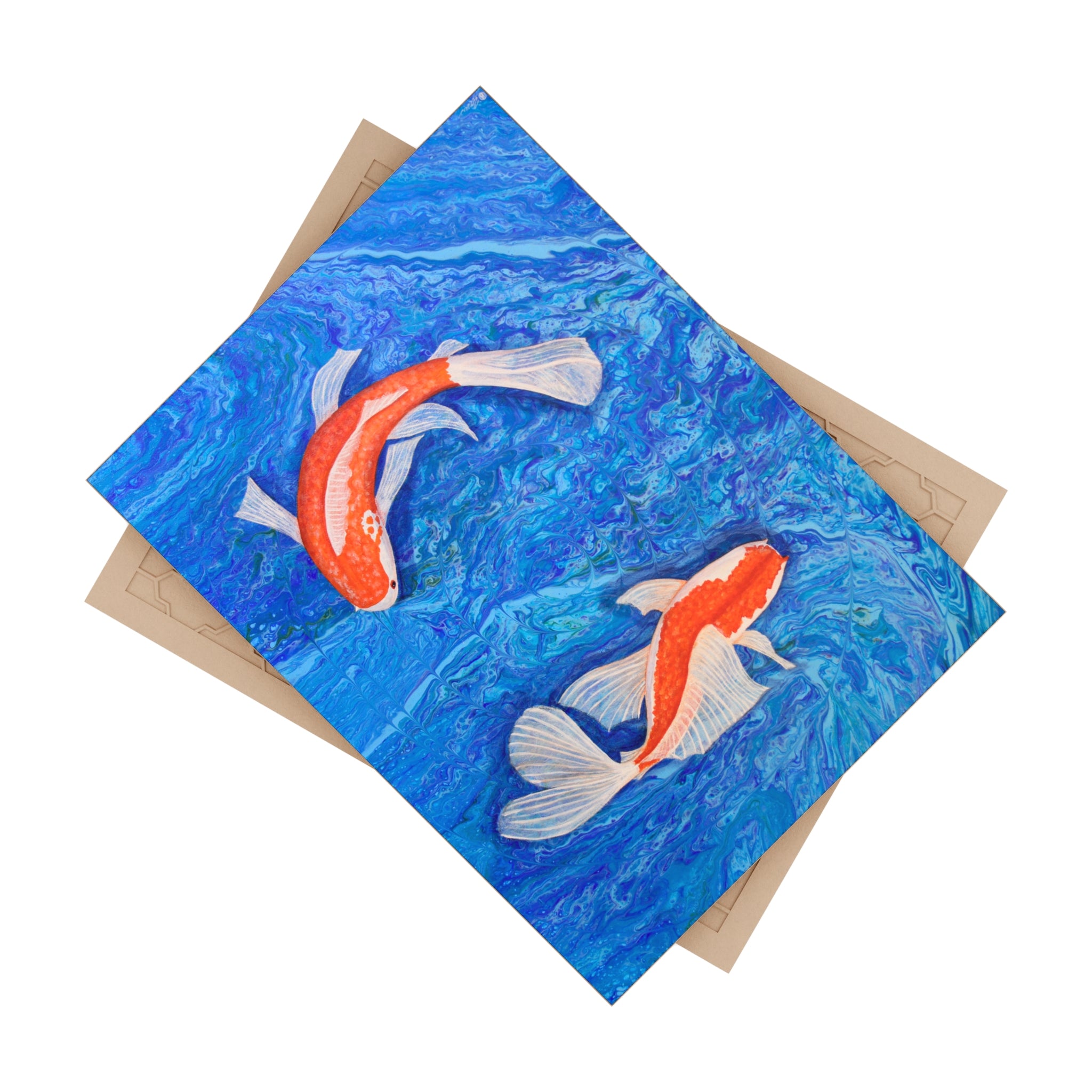 Tile with two koi fish on a blue water background and beige backing