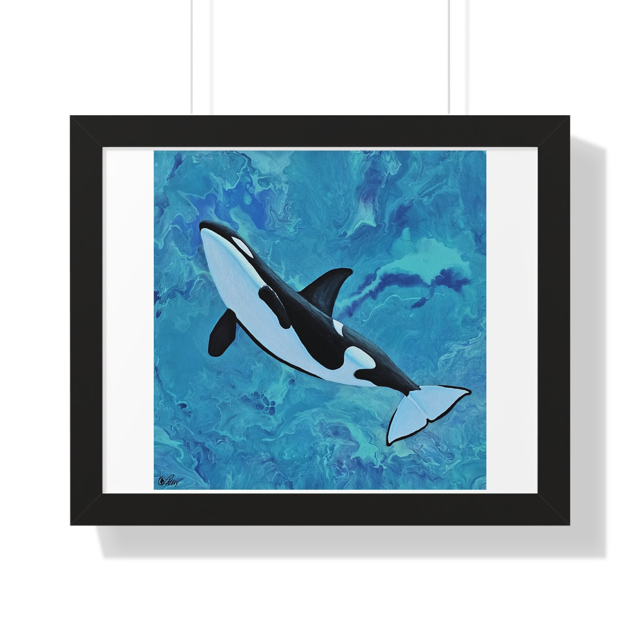 Framed artwork of an orca whale on a blue abstract background
