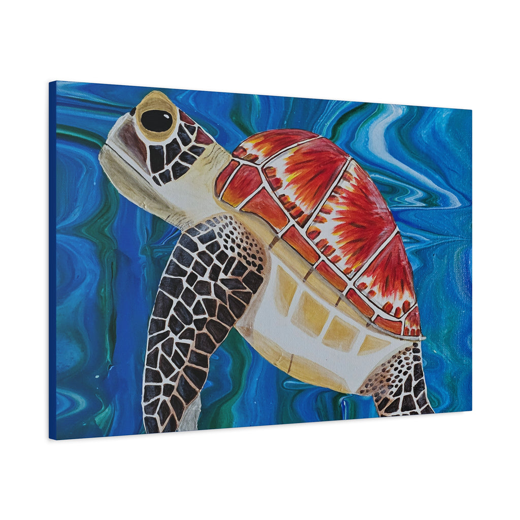 Canvas print of a colorful turtle with a blue abstract background
