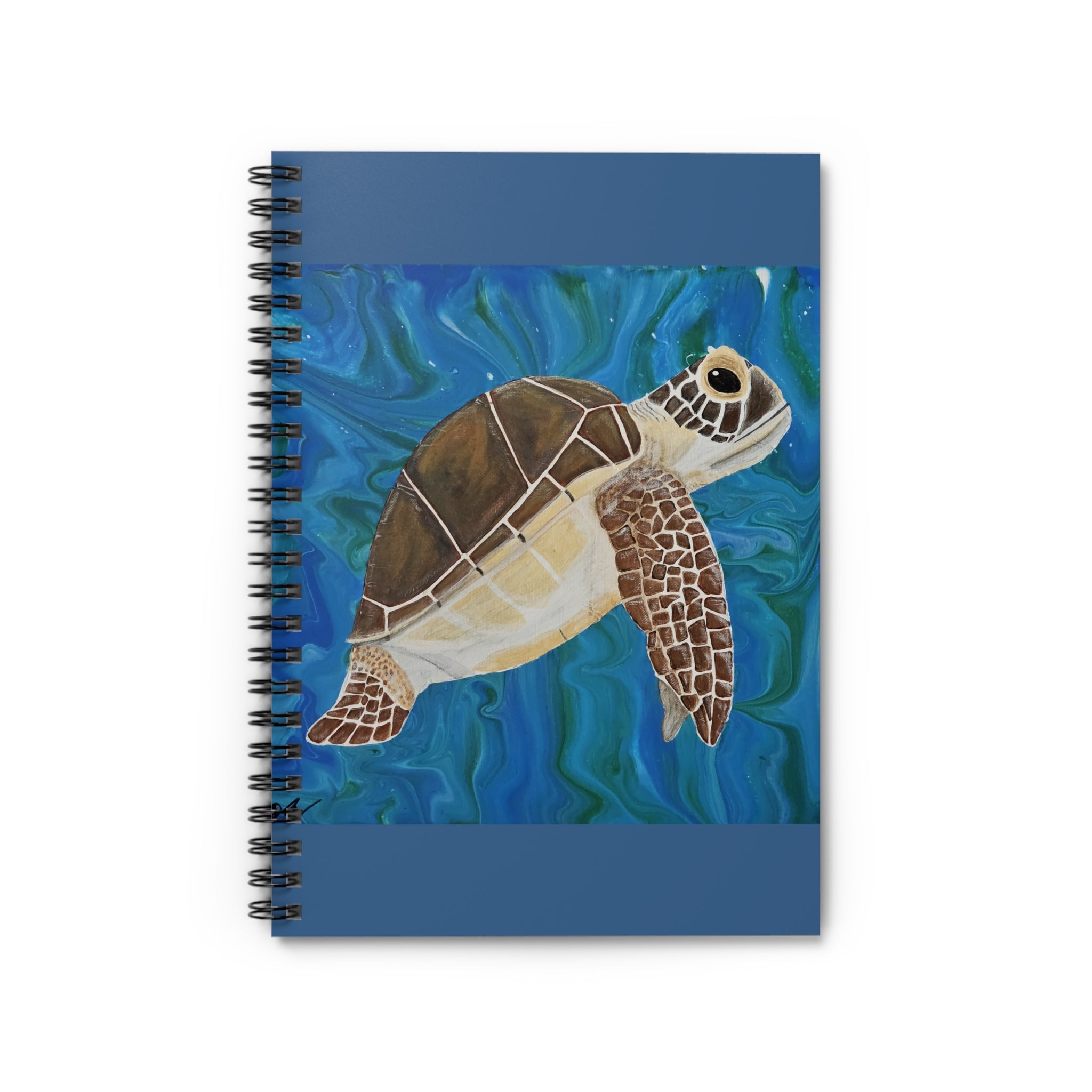 Notebook with a turtle illustration on a blue background