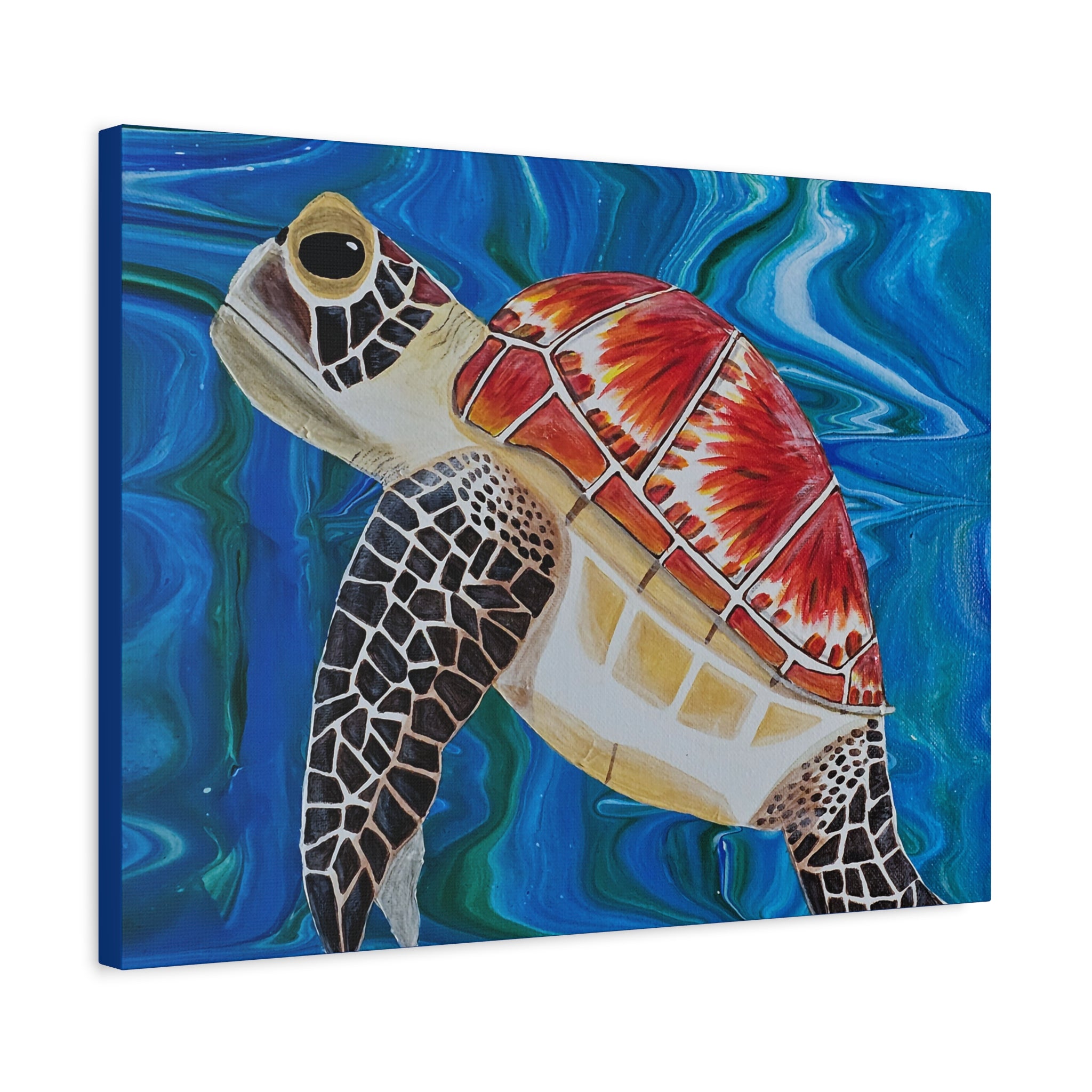 Canvas print of a turtle with a colorful shell against a blue abstract background
