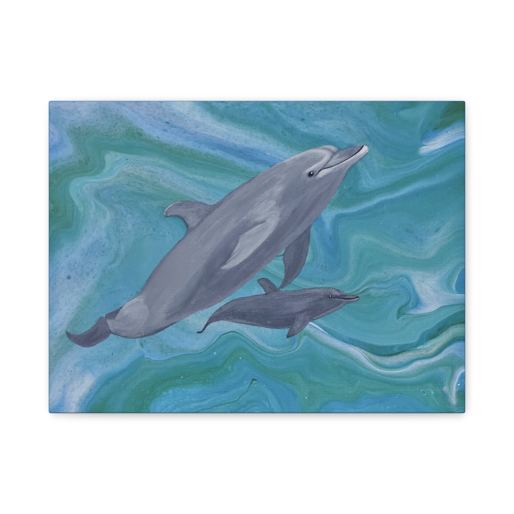Two dolphins swimming in wavy blue and green water