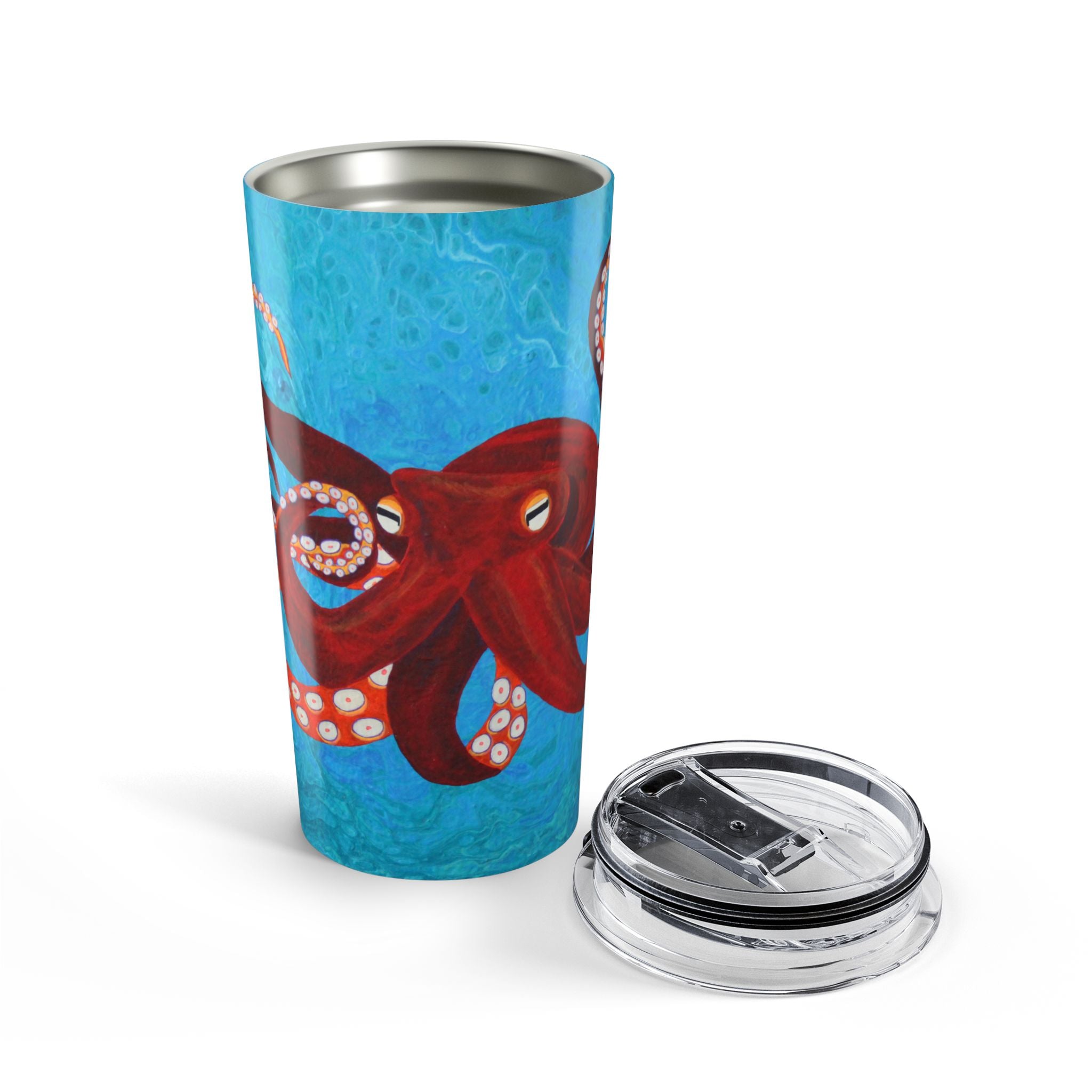 Tumbler with a colorful octopus design on a blue background