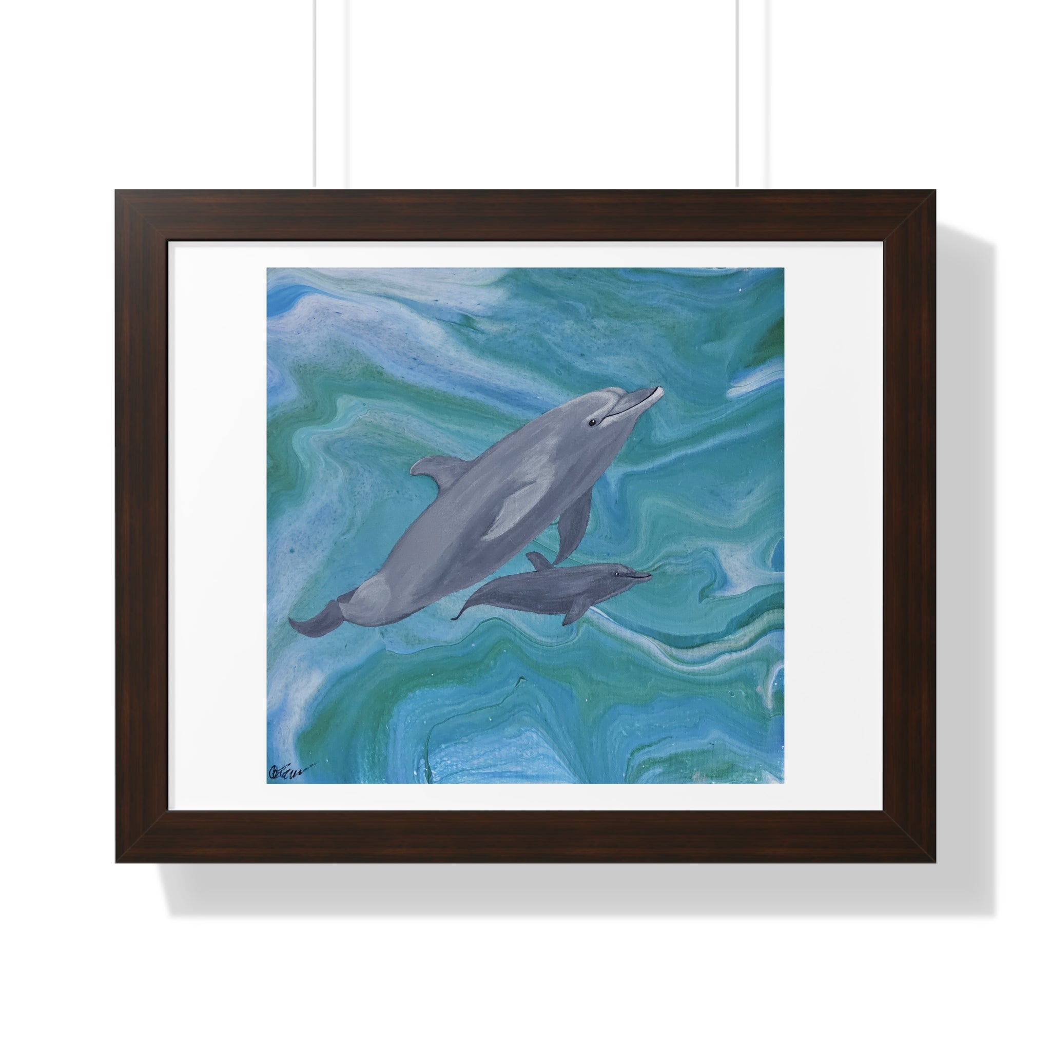 Framed artwork of two dolphins swimming underwater with a wavy blue and green background.