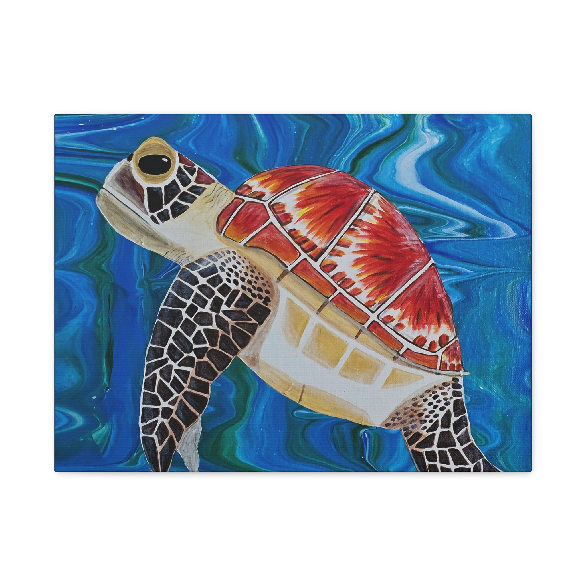 Colorful painting of a turtle with a red shell on a blue wave background