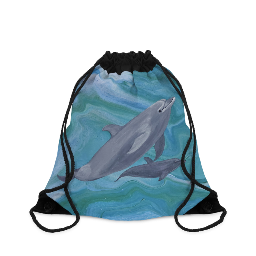 Drawstring bag with dolphins design on a blue watercolor background