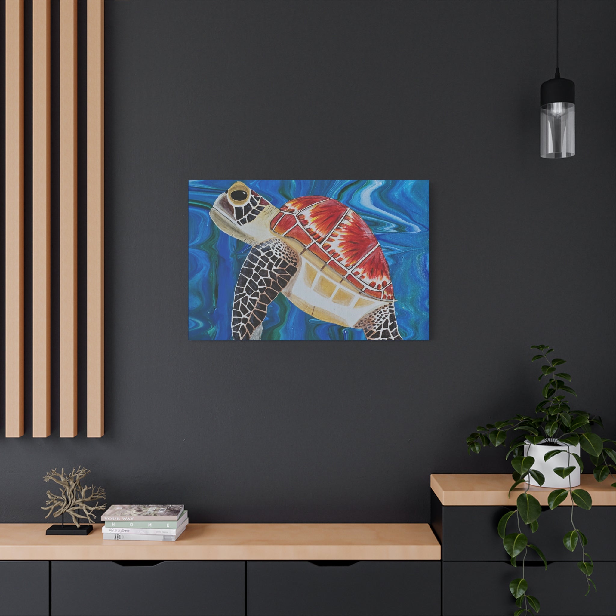 Colorful turtle painting on a dark wall above a wooden shelf.