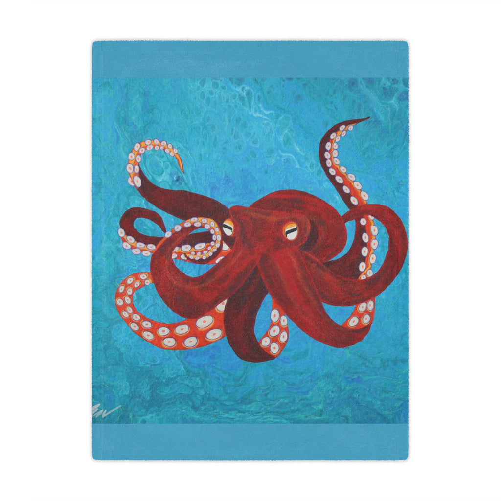 Blanket with Red octopus on a blue textured background
