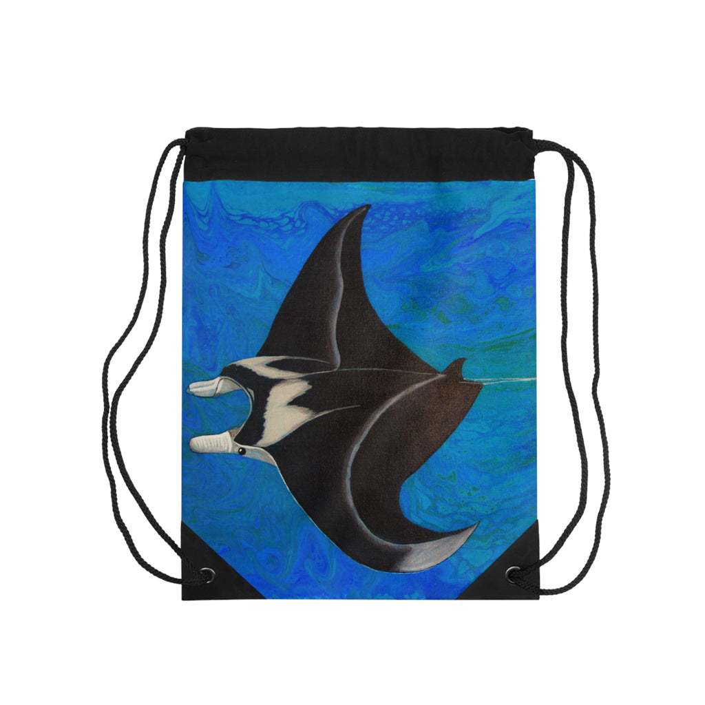 Drawstring bag with manta ray design on a blue background