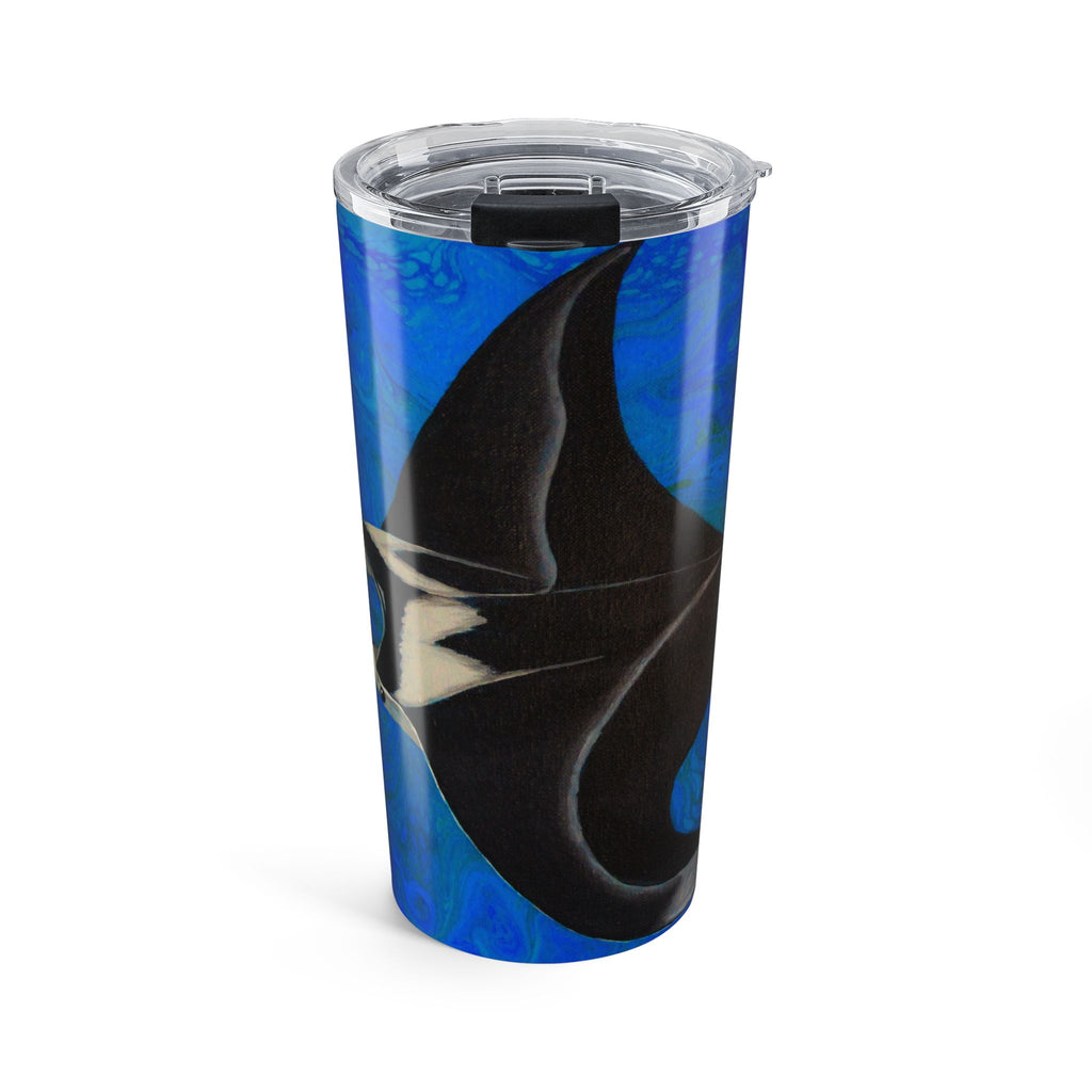 Tumbler with blue and black design on a white background
