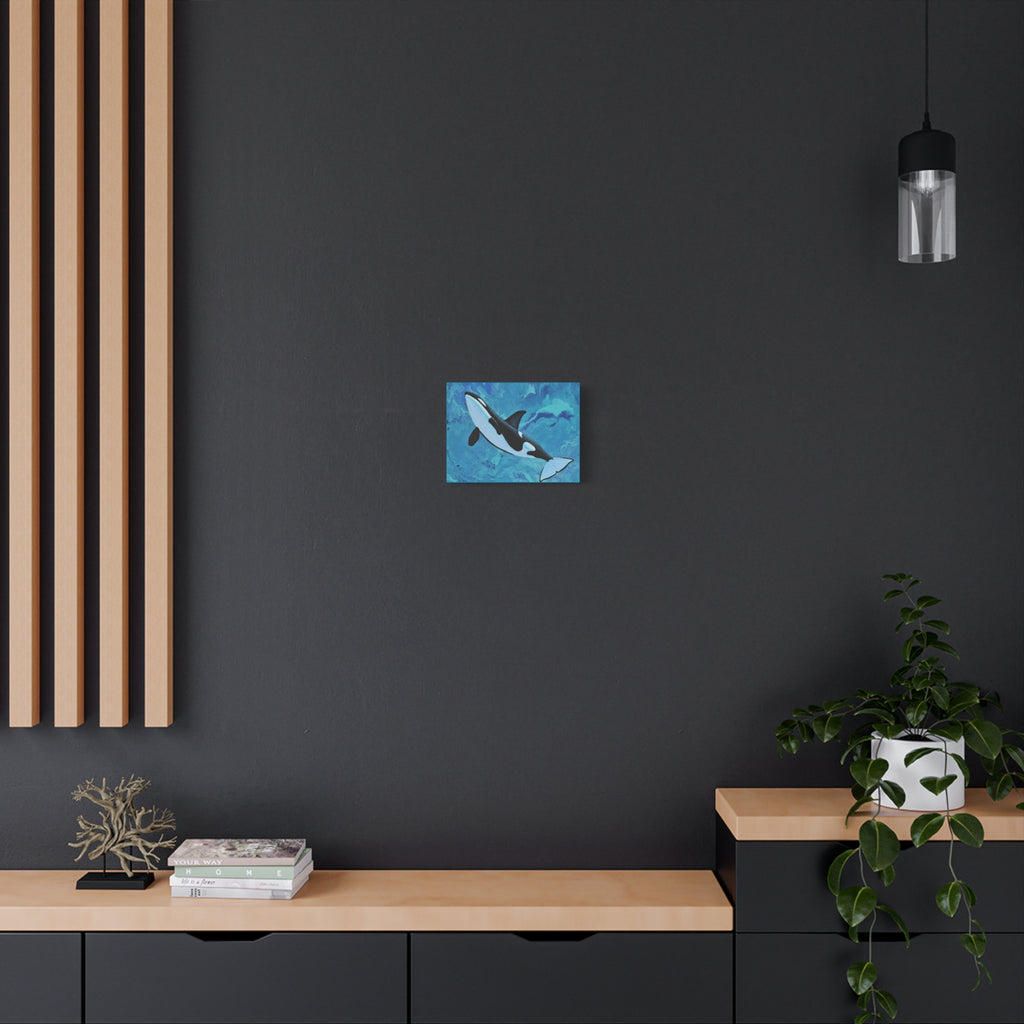 Very small blue canvas print with orca whale on a dark wall above a wooden shelf.